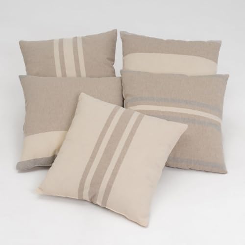 LOLAhome Set de 5 Cojines de Rayas Beige y marr&oacute;n de Tela de polialgod&oacute;n de 45x45 cm con Relleno...
