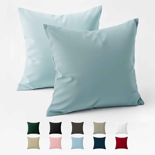 Funda de Almohada 50x50 Algod&oacute;n Reforzado (Pack de 2) - Azul Claro - Tela Apretada de 57 Hilos/cm&sup2;...