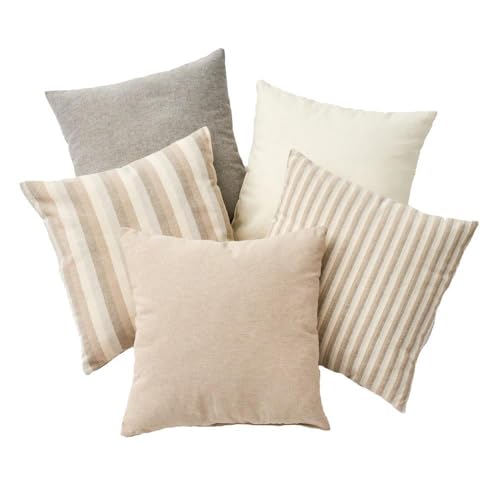 LOLAhome - Set de 5 Cojines de Rayas Beige de Algod&oacute;n Natural de 45x45 cm con Relleno. Tejido Suave...
