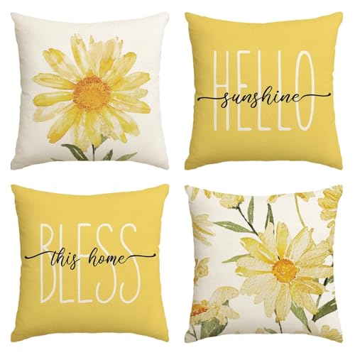 Artoid Mode Juego de 4 fundas de coj&iacute;n de margaritas y girasoles de primavera, 50x50 cm, funda de...