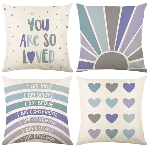 Trlyane Juego de 4 Fundas de Coj&iacute;n 45x45cm - Tem&aacute;tica Positiva para Ni&ntilde;os con Mensajes de Amor y...