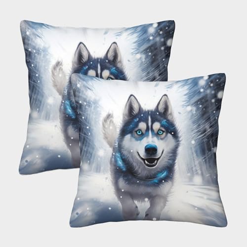 2 Piezas Funda De Cojín Husky de Invierno Cojines Decorativos, Animal Impresión A Doble Cara...