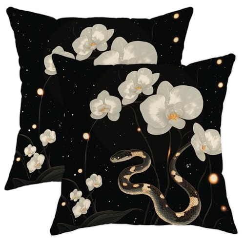 Elegante juego de 2 fundas de almohada de serpiente negra y orqu&iacute;dea, fundas de coj&iacute;n decorativas...