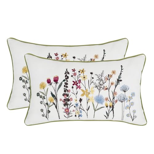 Tosleo - Lote de 2 fundas de coj&iacute;n con flores silvestres de jard&iacute;n 30 x 50 cm, bordadas para la...