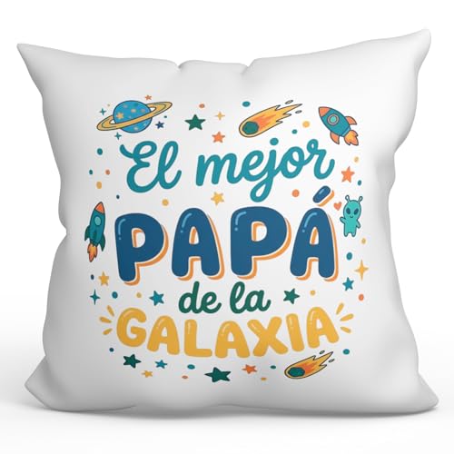 MUGFFINS Coj&iacute;n con Relleno Regalo Padre | El Mejor pap&aacute; de la Galaxia en Espa&ntilde;ol | 40x40cm...