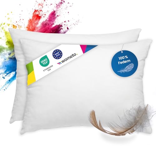 wometo Juego de 2 Almohadas de Plumas, 100% Plumas, 30 x 50 cm, 330 g, Funda de algod&oacute;n Blanco,...