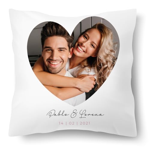 Gen&eacute;rico Coj&iacute;n Personalizado con Foto en Forma de Coraz&oacute;n, Blanco, con Nombres y Fecha, Regalo...