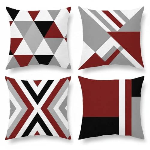 Hopomoon Fundas de coj&iacute;n geom&eacute;tricas burdeos y gris de 45 x 45 cm, juego de 4, fundas de coj&iacute;n...