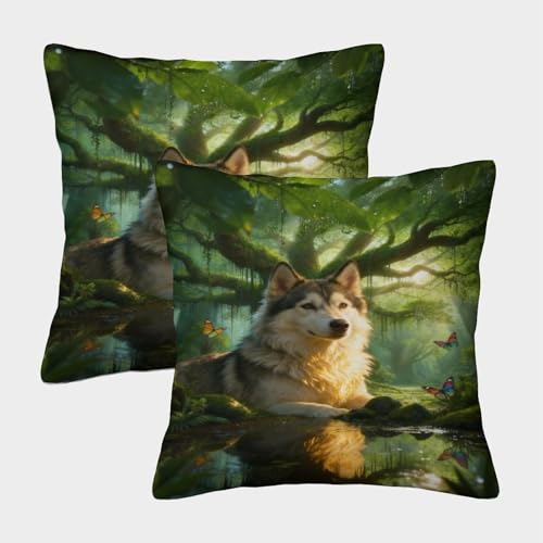 EMYXPAQM Fundas Cojines con Husky Siberiano Juego De 2, Poli&eacute;ster Suave Funda Almohad&oacute;n con...