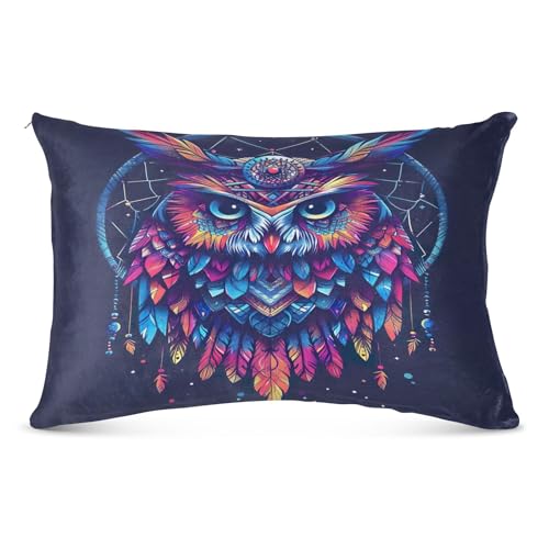 CHIFIGNO Funda de coj&iacute;n suave con dise&ntilde;o de b&uacute;ho bohemio con plumas atrapasue&ntilde;os, funda de...