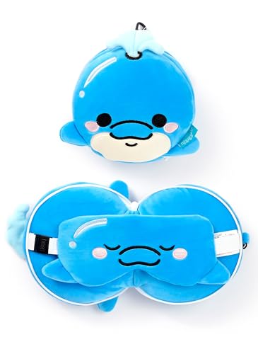 Puckator Coj&iacute;n de viaje con m&aacute;scara Relaxeazzz - Azul Delf&iacute;n - Animales dulces