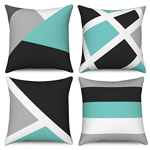 Hnmdmyi Funda de Coj&iacute;n Turquesa 40x40 Set de 4, Gris y Negro Rayas Abstractas Modernas Geom&eacute;tricas...