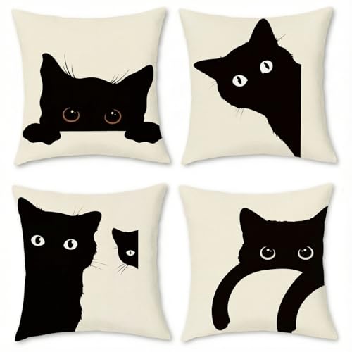 BREASOME Fundas Cojines 45x45 cm, Juego de 4 Fundas de Cojin Gato Negro Estilo Dibujos Animados...