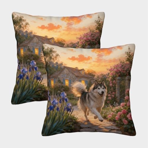 EMYXPAQM Fundas Cojines con Husky Siberiano Juego De 2, Poli&eacute;ster Suave Funda Almohad&oacute;n con...