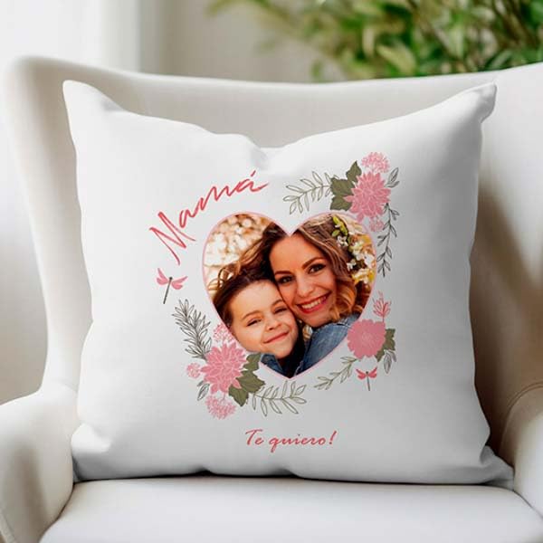 Transparent Gift Coj&iacute;n Coraz&oacute;n Floral con Foto y Texto Personalizado. Regalo D&iacute;a de la Madre....