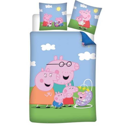Juego de cama Peppa Pig Family, 1 persona, funda n&oacute;rdica de 140 x 200 cm + funda de almohada de 65...