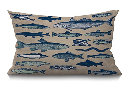 BGBDEIA Funda de coj&iacute;n de 30 x 50 cm con dise&ntilde;o de peces, dise&ntilde;o vintage de peces, mariscos,...