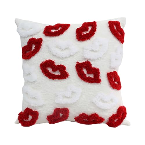 Funda de coj&iacute;n para el d&iacute;a de San Valent&iacute;n con rom&aacute;ntico dise&ntilde;o de labios en rojo y blanco,...