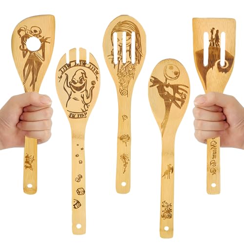 SoeUyd 5 Piezas Cucharas de Madera Unicas para Cocinar, Pesadilla Antes de Navidad Gadgets, Juego de...