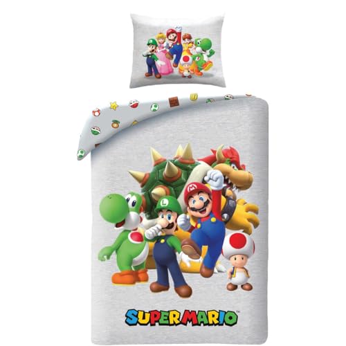 Halantex Juego de cama Super Mario reversible, funda n&oacute;rdica de 140 x 200 cm y funda de almohada de...