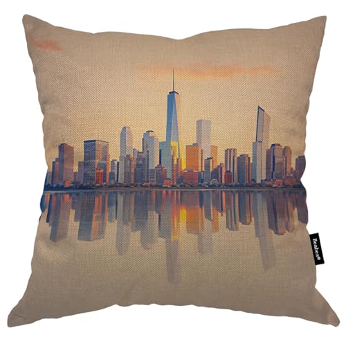 Beabes Funda de coj&iacute;n de lino y algod&oacute;n de 45,7 x 45,7 cm, dise&ntilde;o moderno de la ciudad de Nueva...