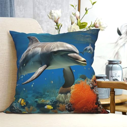 Fundas de almohada decorativas de 16 x 16 pulgadas, modernas fundas de almohada de delfines azules,...