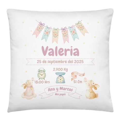 Anak Anak Coj&iacute;n Natalicio Conejos Rosa Personalizado con Nombre y Datos de Nacimiento &ndash; Coj&iacute;n...