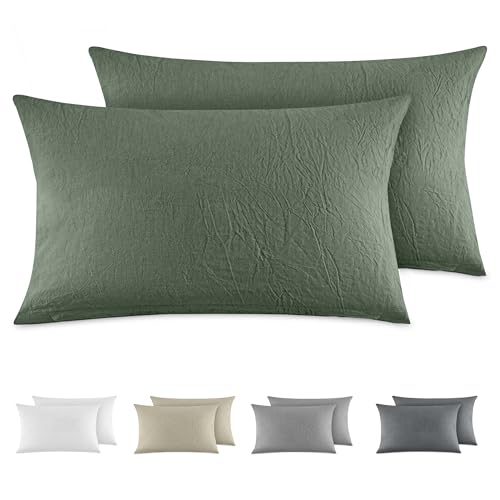 Dreamzie Funda Almohada 40x80 cm (Juego de 2), 100% Algod&oacute;n Lavado Color Verde, Aspecto de Lino y...