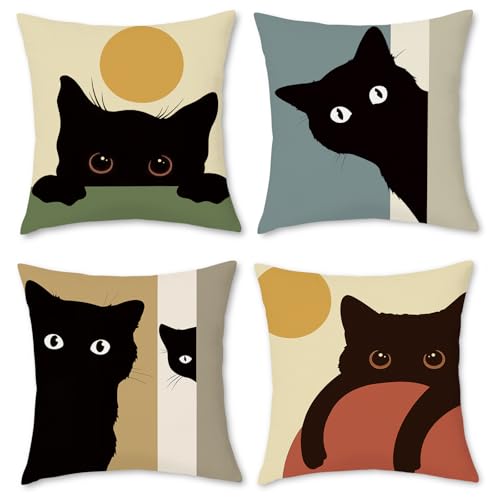 BREASOME Fundas Cojines 45x45 cm, Juego de 4 Fundas de Cojin Gato Negro Estilo Dibujos Animados...
