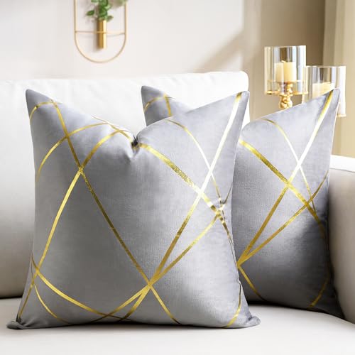 Grises Fundas de Cojines 40 x 40Cm Terciopelo Funda Cojines Oro L&iacute;nea Geometr&iacute;a Cuadrados...