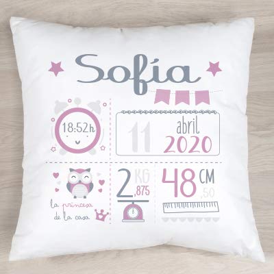 Verimpressi&oacute; Coj&iacute;n personalizado para reci&eacute;n nacido con datos de nacimiento 40x40cm.| Relleno...