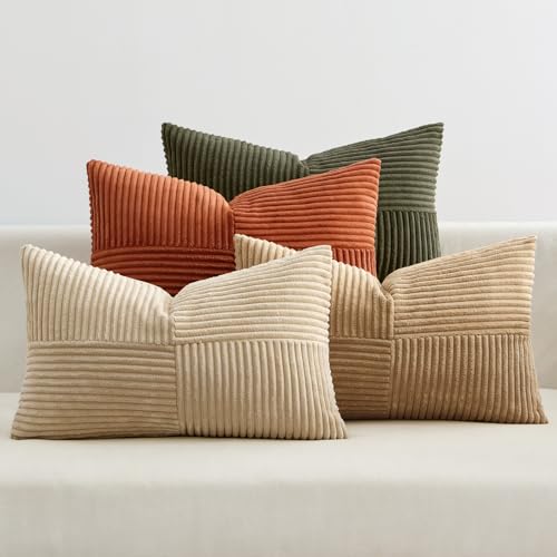 EMEMA Juego de 4 fundas de coj&iacute;n de pana con dise&ntilde;o de patchwork, 30 x 50 cm, fundas de coj&iacute;n...