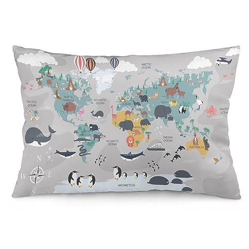NIBABA Fundas de coj&iacute;n, 1 unidad, dise&ntilde;o de mapamundi de animales de dibujos animados, fundas de...