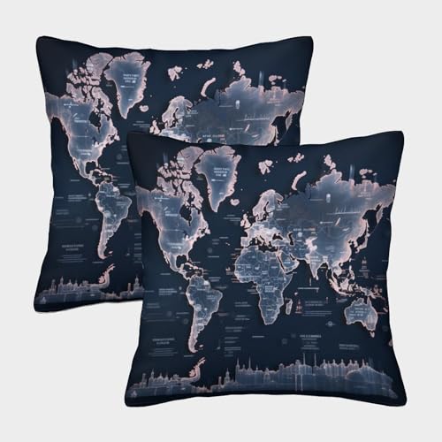 Fundas De Cojines Mapamundi Juego De 2 Funda De Almohada para Coj&iacute;n Cuadrado Tirar Almohada Cubrir...