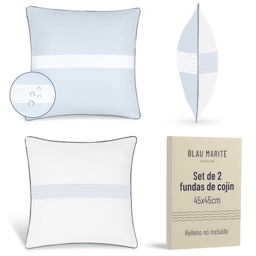 Blau Marit&eacute; Fundas de Coj&iacute;n Impermeables de Exterior &ndash; Cojines Decorativos con Franja de Rayas...