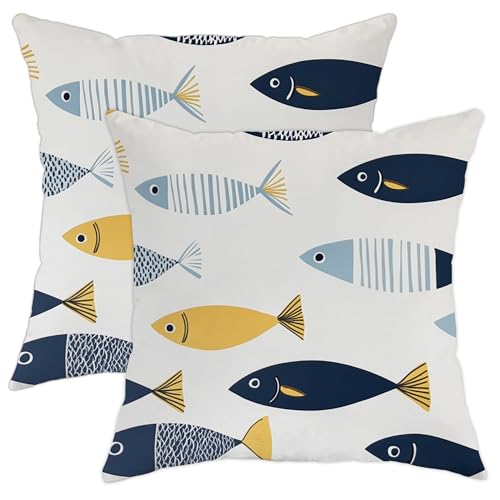 Juego de 2 fundas de almohada con patr&oacute;n de peces, cojines decorativos azules y amarillos,...