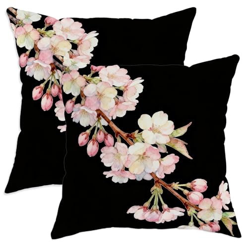 Juego de 2 fundas de coj&iacute;n de flores de cerezas, flores de acuarela, brotes de ramas de primavera...