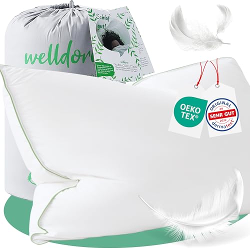 Welldora Almohada Plumas y Plum&oacute;n Lujo 40x80 | Almohada Cervicales y Cuello Firmeza Media 3...