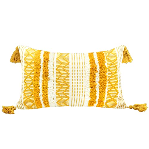 LIGICKY Fundas de almohada decorativas bohemias lumbares, amarillas y blancas, 12x20 pulgadas,...