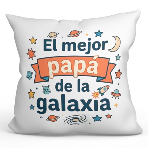 MUGFFINS Coj&iacute;n con Relleno Regalo Padre | El Mejor pap&aacute; de la Galaxia en Espa&ntilde;ol | 40x40cm...