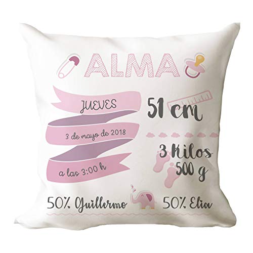 AR Regalos Coj&iacute;n Personalizado con Datos de Nacimiento del beb&eacute; - Rosa
