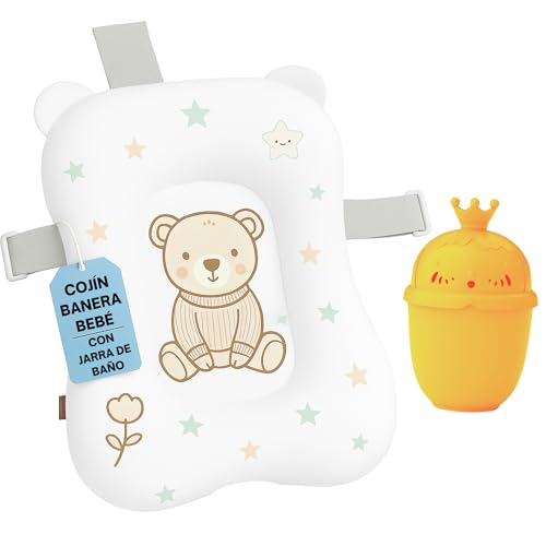 BabyBebloo Cojin Ba&ntilde;era Bebe Osito + Jarra de Ba&ntilde;o - Adaptador Ba&ntilde;era Bebe Universal - Reductor...