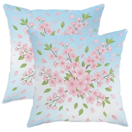 Juego de 2 fundas de coj&iacute;n de flores de cerezas, p&eacute;talos florales de primavera, hojas de...