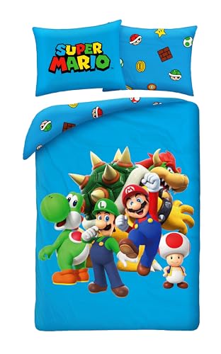 Super Mario con Luigi, Toad, Bowser y Yoshi &ndash; Funda n&oacute;rdica de 140 x 200 cm + Funda de almohada...