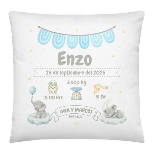 Anak Anak Coj&iacute;n Natalicio Elefantes Personalizado con Nombre y Datos de Nacimiento &ndash; Coj&iacute;n Suave...