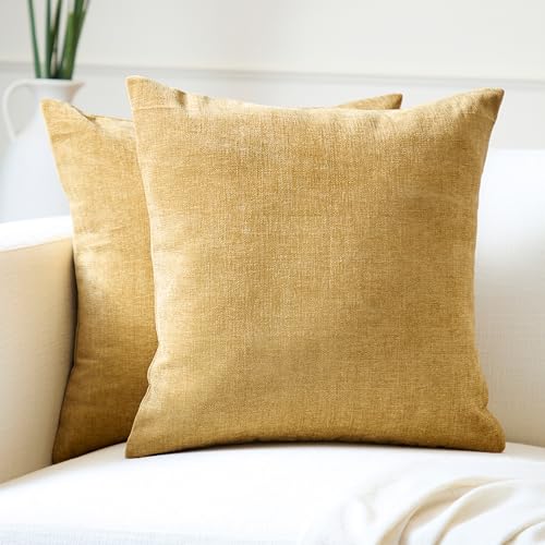Encasa XO Fundas de Cojín de Chenilla Juego de 2 | Mostaza - (20'x20') (50x50 cm) | Fundas...