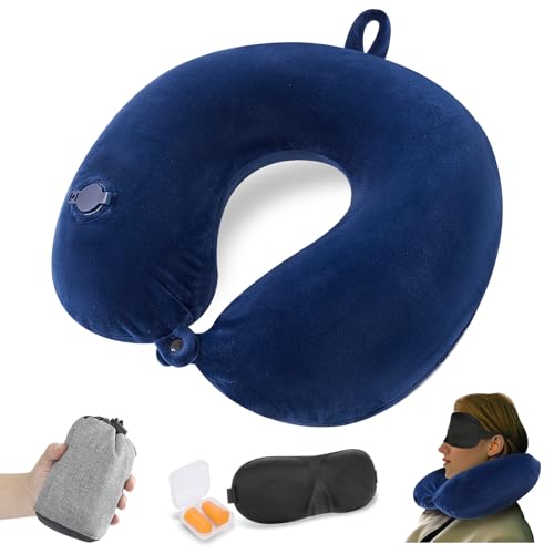 JetsCush Almohada de Viaje Hinchable, Cojin Cuello Viaje Compacto con M&aacute;scara para Ojos y Tapones...
