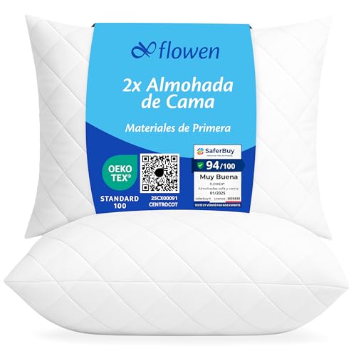 Flowen Almohadas para Cama 50x80 2 Unidades Relleno Cojin Hipoalergénico Antiácaros y Suave...