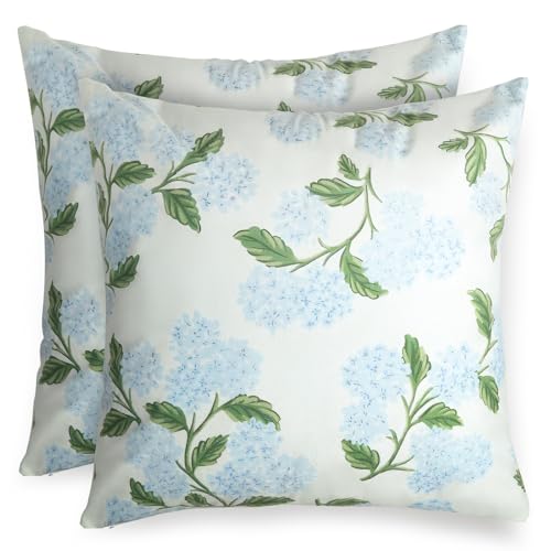 Hopomoon Fundas Coj&iacute;n Hortensia 45x45 cm Lote de 2 Flores Azules y Blancas Estilo Vintage Franc&eacute;s...