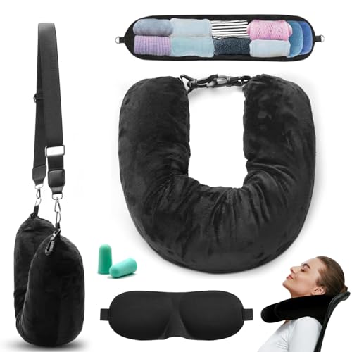 xolear Almohada Viaje Rellenable, Cojin Cuello Viaje Rellenable con Antifaz y Tapones para Los...